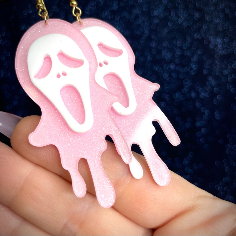 Ghost Face pink glitter dangle earrings